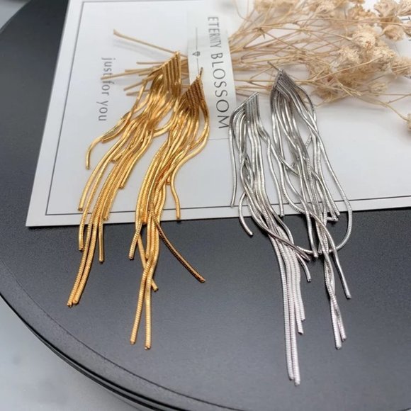 14k Gold Elegant Long Chain Earrings Sterling Silver - Picture 4 of 9